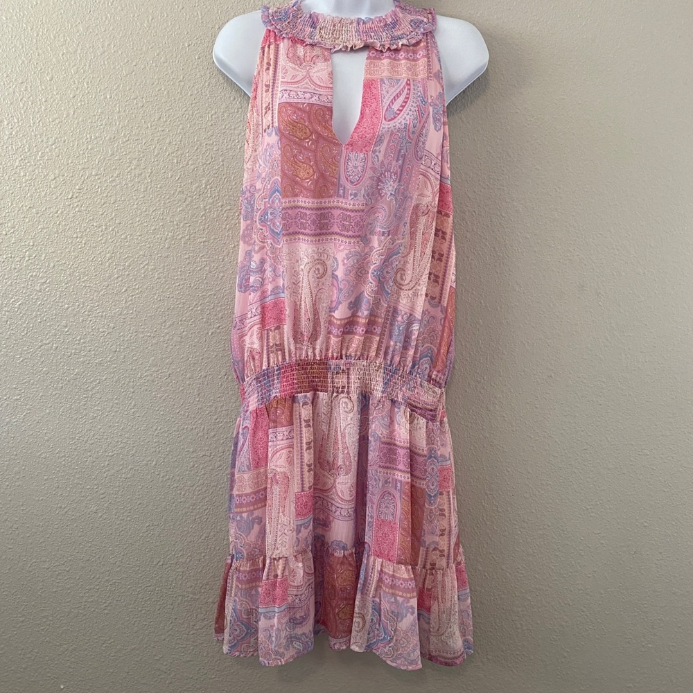 NWT Fate Pink Patchwork Dress Large Boho Chic Paisley Drop Waist Garden Summer